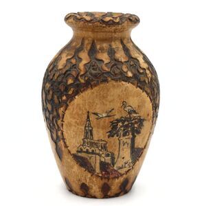Vintage French Pyrography Vase Wood Burning Art Strasbourg Cathedral by Boli